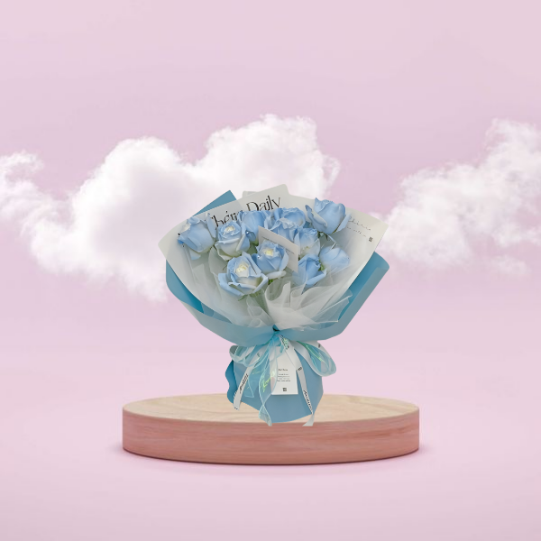Roses bouquet on a pink show case