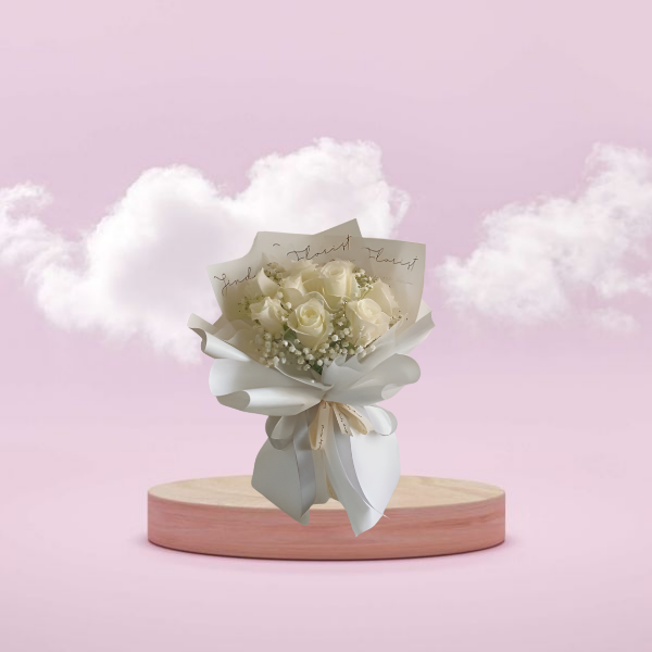 Roses bouquet on a pink show case